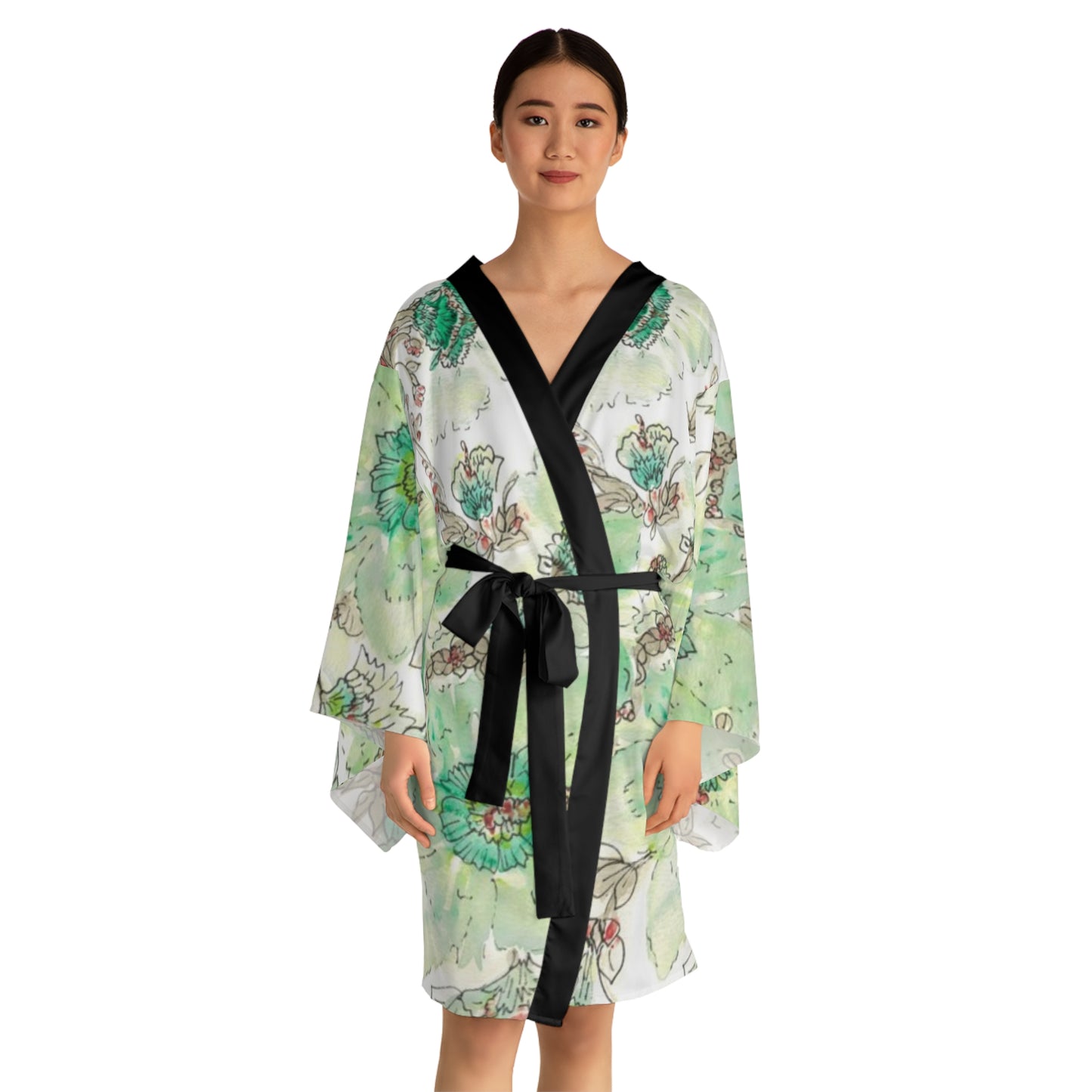 Floral Watercolor Kimono Robe – Green Peony All-Over Print