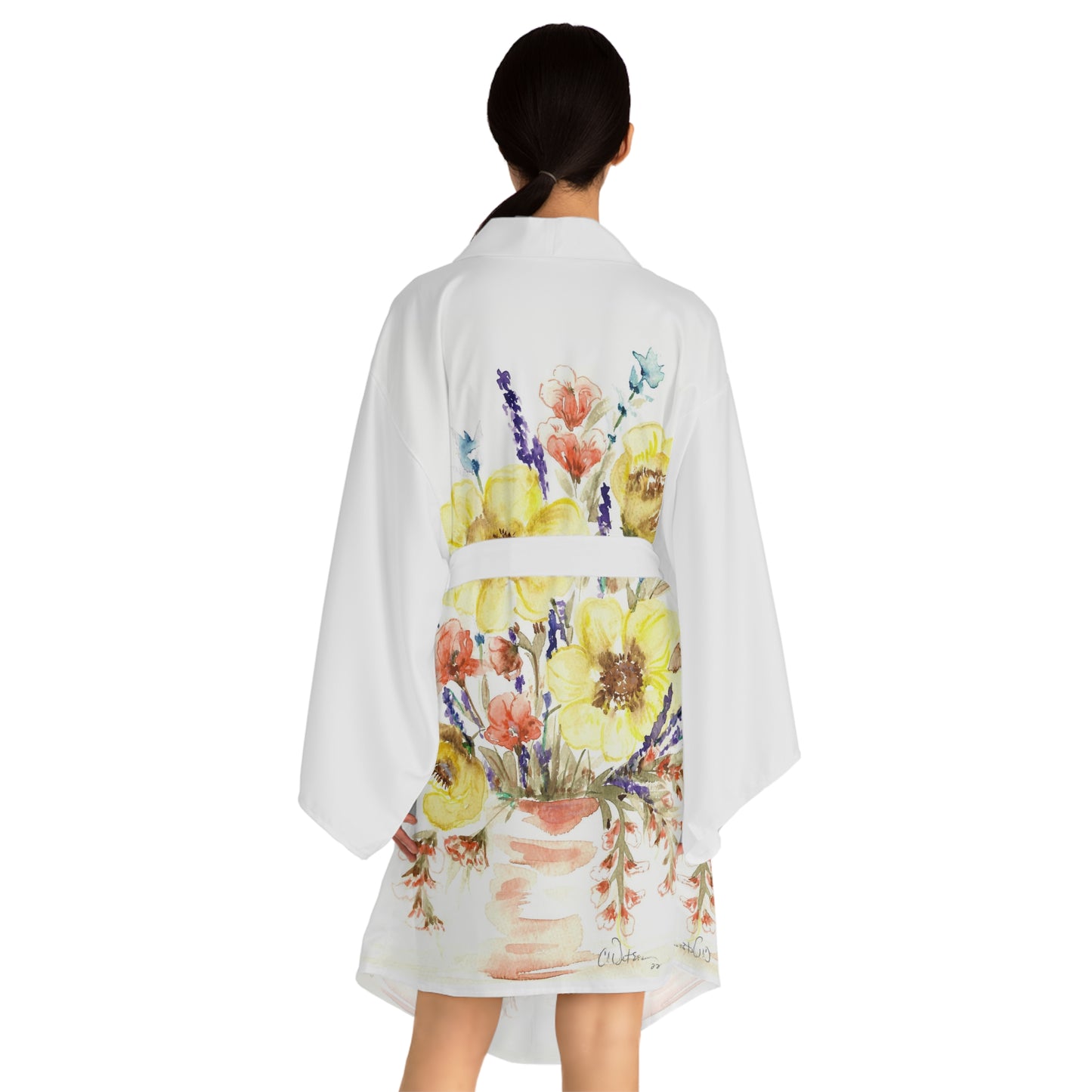 Floral Watercolor Kimono Robe – Yellow Poppy Bouquet Long Sleeve