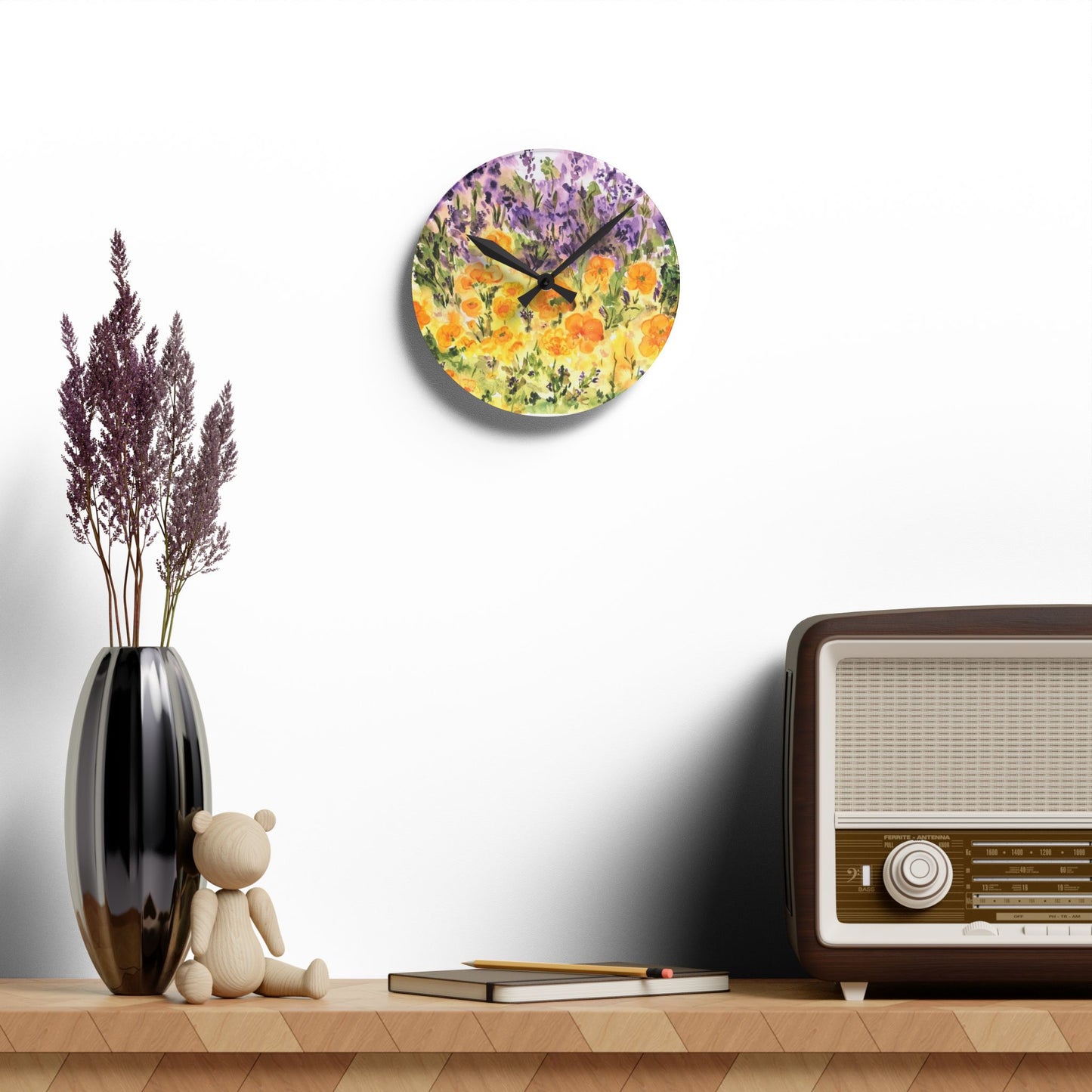 Floral Field Acrylic Wall Clock — Watercolor Lavender & Yellow Poppies