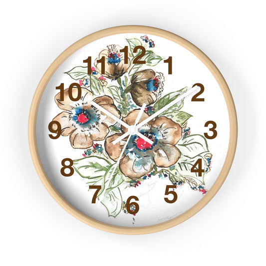 Floral Watercolor Wall Clock — Rustic Brown & Blue Flower Home Decor