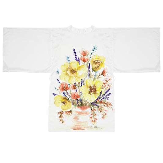 Floral Watercolor Kimono Robe – Yellow Poppy Bouquet Long Sleeve