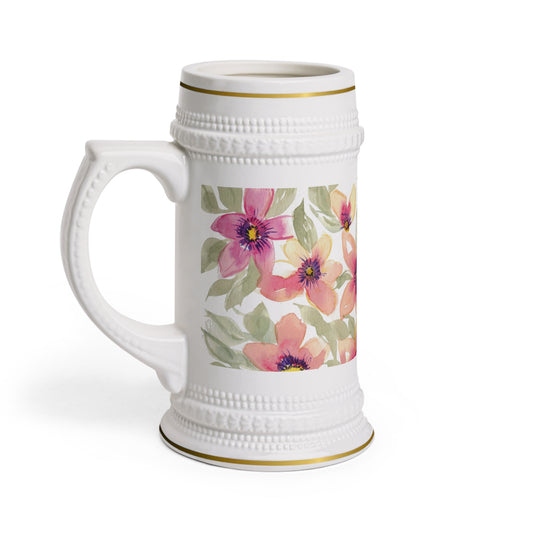 Floral Watercolor Stein Mug – Pink & Peach Blossom Beer Stein