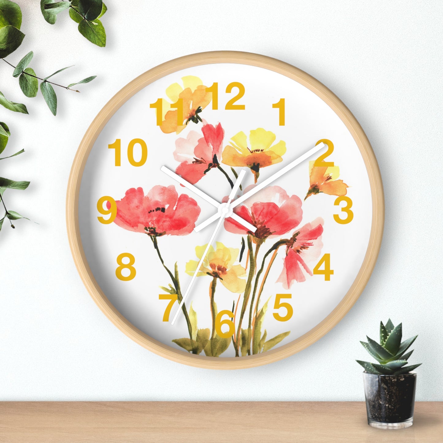 Floral Watercolor Wall Clock — Pink & Yellow Poppies