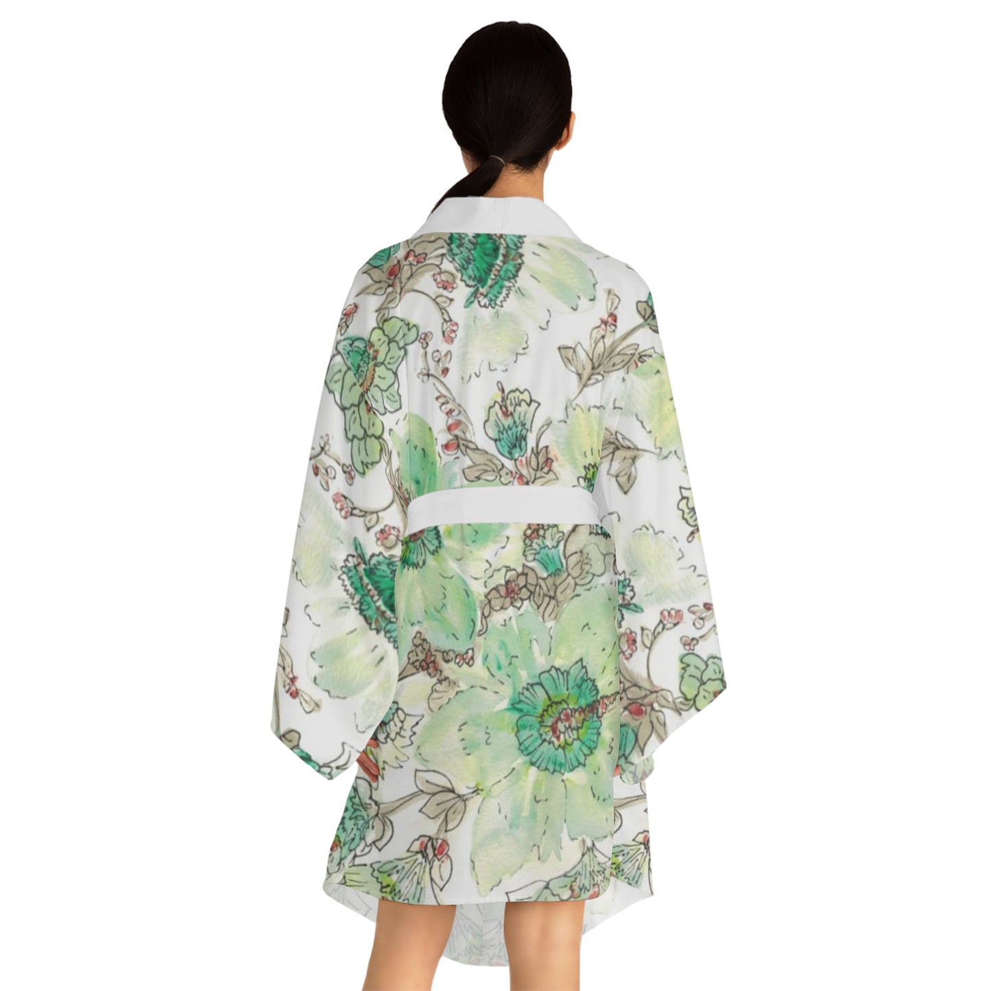 Floral Watercolor Kimono Robe – Green Peony All-Over Print
