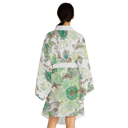Floral Watercolor Kimono Robe – Green Peony All-Over Print