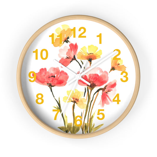 Floral Watercolor Wall Clock — Pink & Yellow Poppies