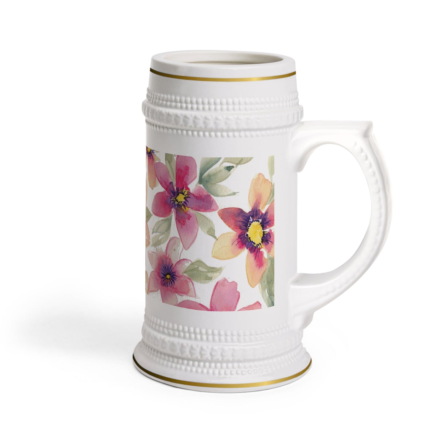 Floral Watercolor Stein Mug – Pink & Peach Blossom Beer Stein