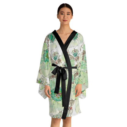 Floral Watercolor Kimono Robe – Green Peony All-Over Print