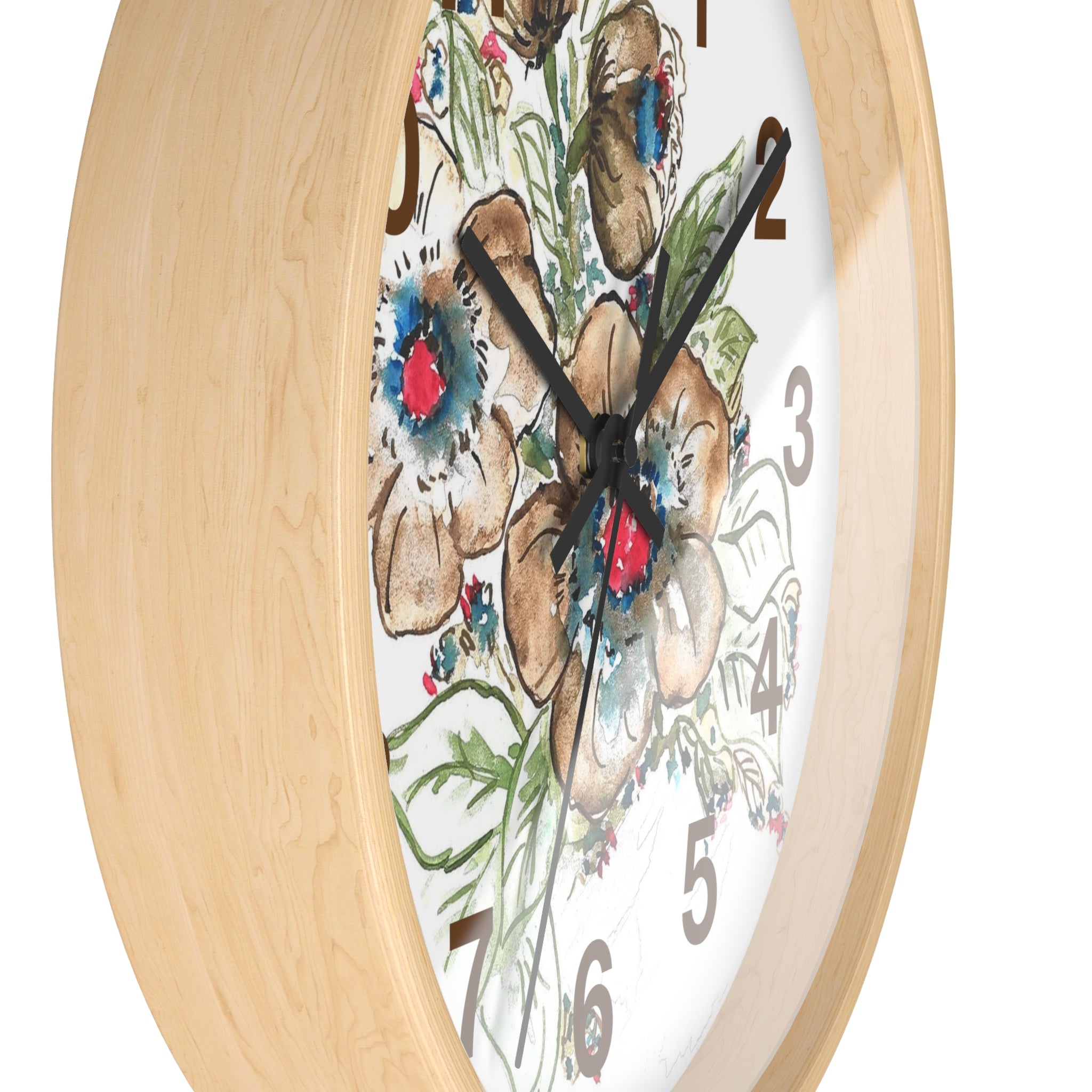 Floral Watercolor Wall Clock — Rustic Brown & Blue Flower Home Decor