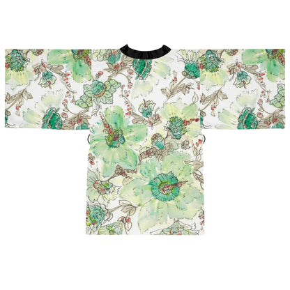 Floral Watercolor Kimono Robe – Green Peony All-Over Print