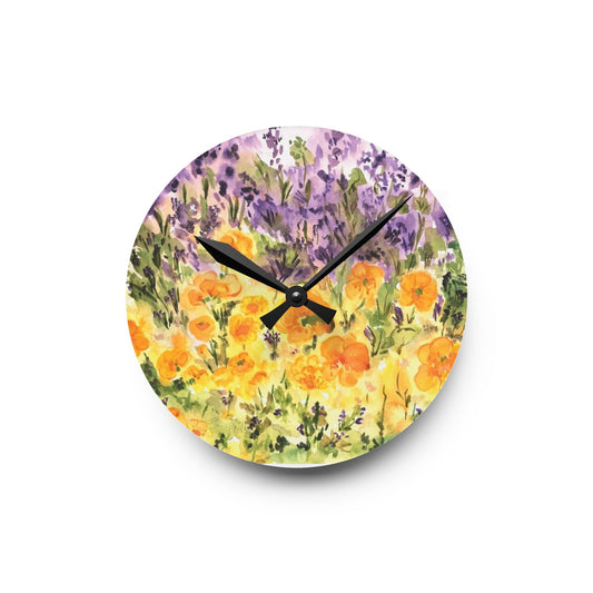 Floral Field Acrylic Wall Clock — Watercolor Lavender & Yellow Poppies