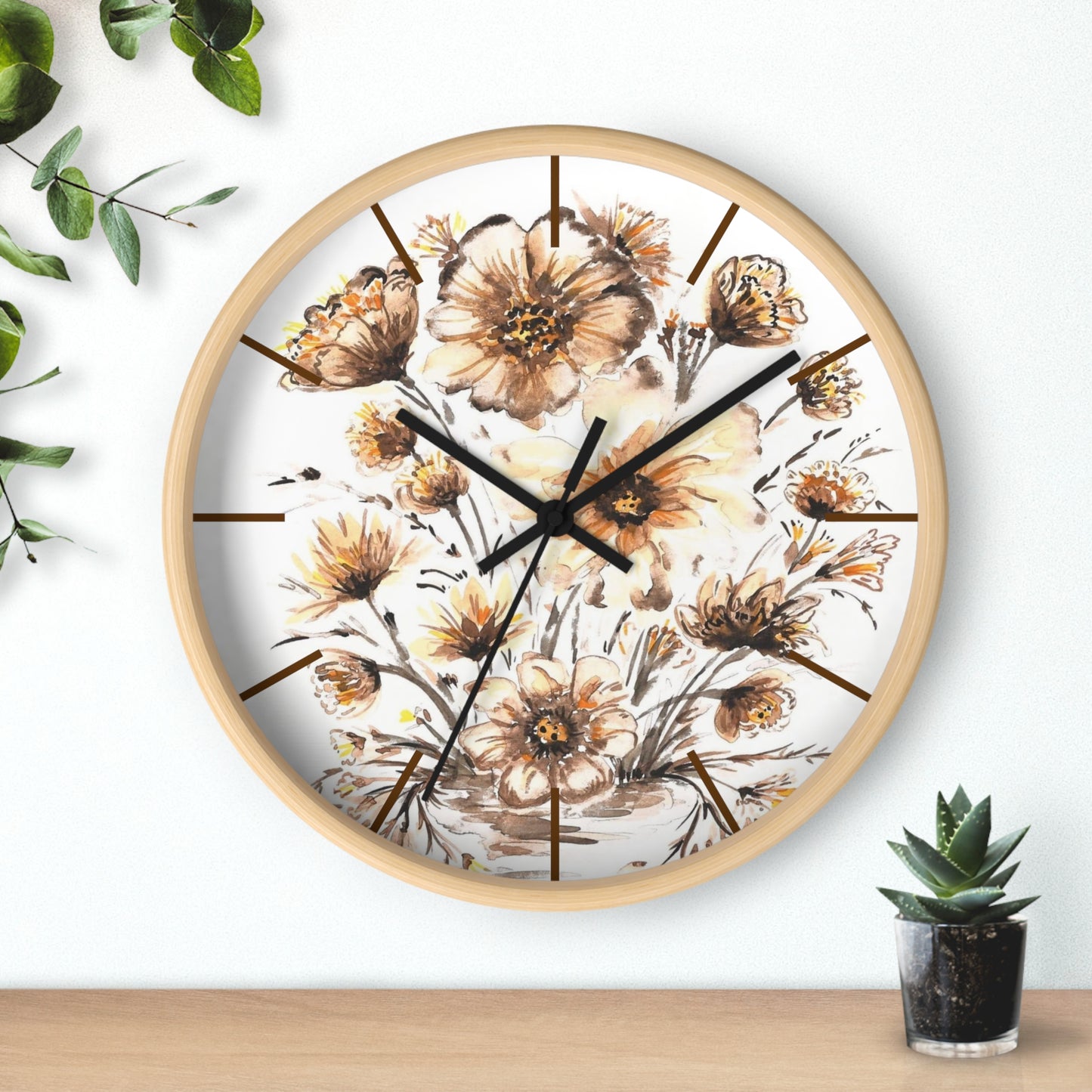 Floral Vintage Wall Clock — Hand-Painted Sunflower Bouquet Design