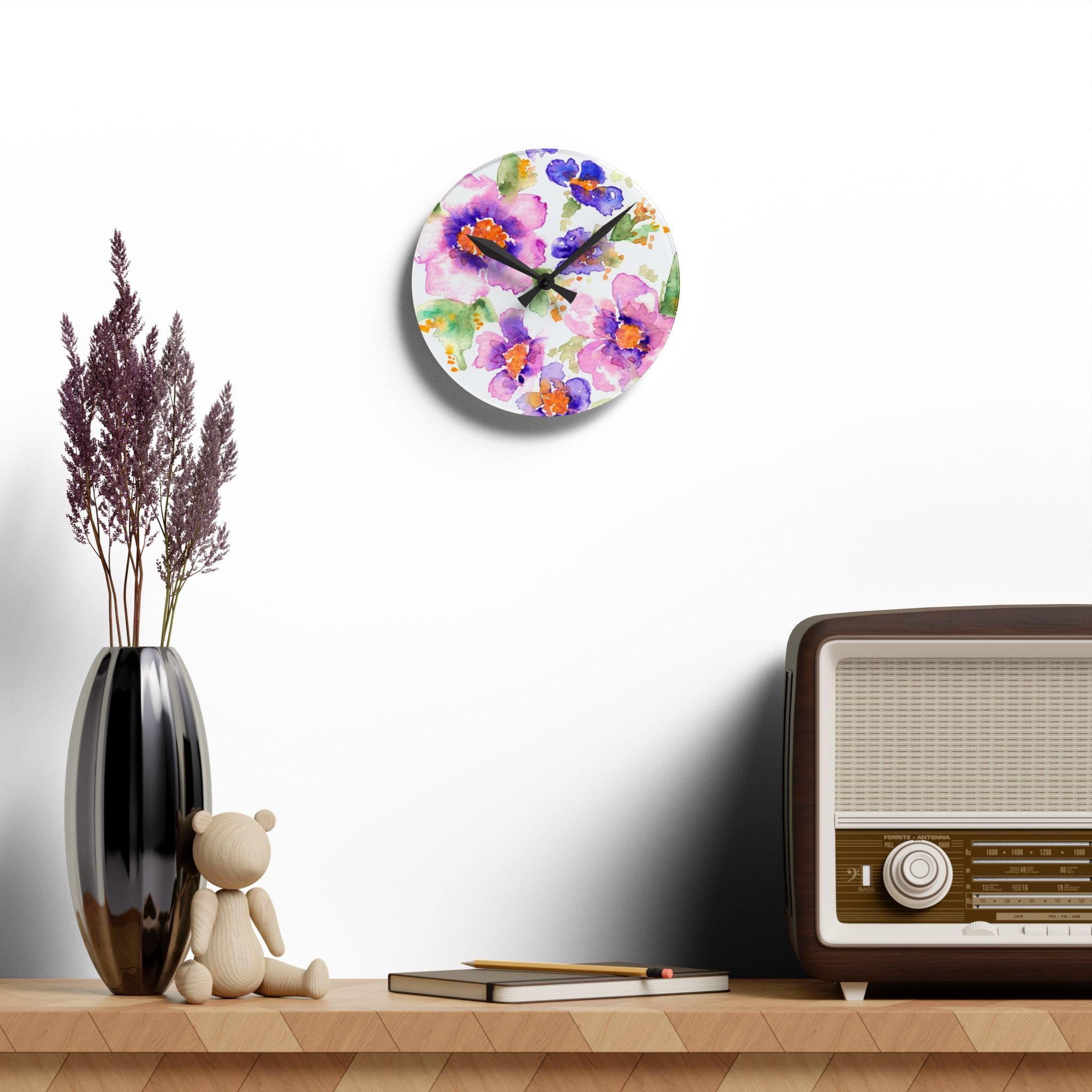 Floral Watercolor Acrylic Wall Clock – Purple & Pink Bloom Home Décor