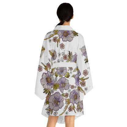 Floral Lavender Kimono Robe — Long Sleeve Floral Wrap