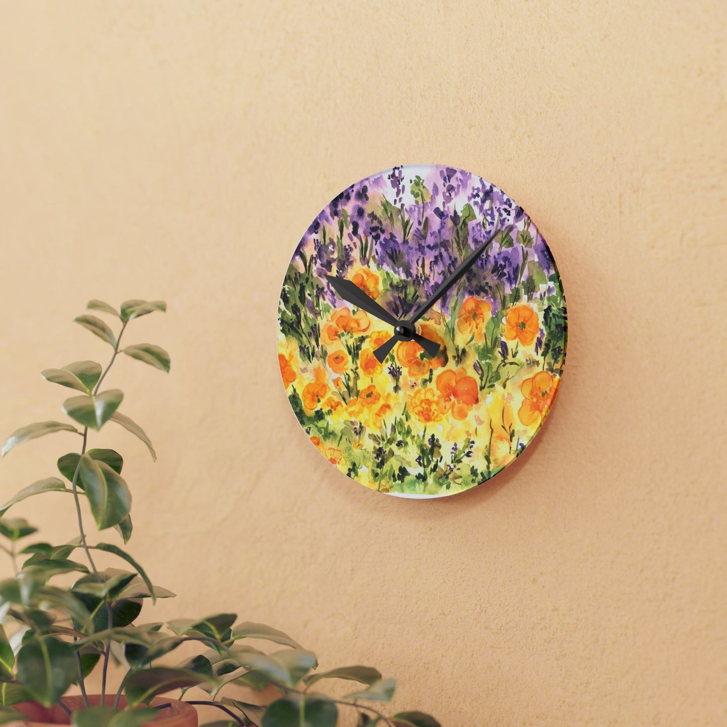 Floral Field Acrylic Wall Clock — Watercolor Lavender & Yellow Poppies
