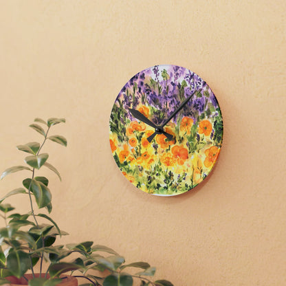 Floral Field Acrylic Wall Clock — Watercolor Lavender & Yellow Poppies