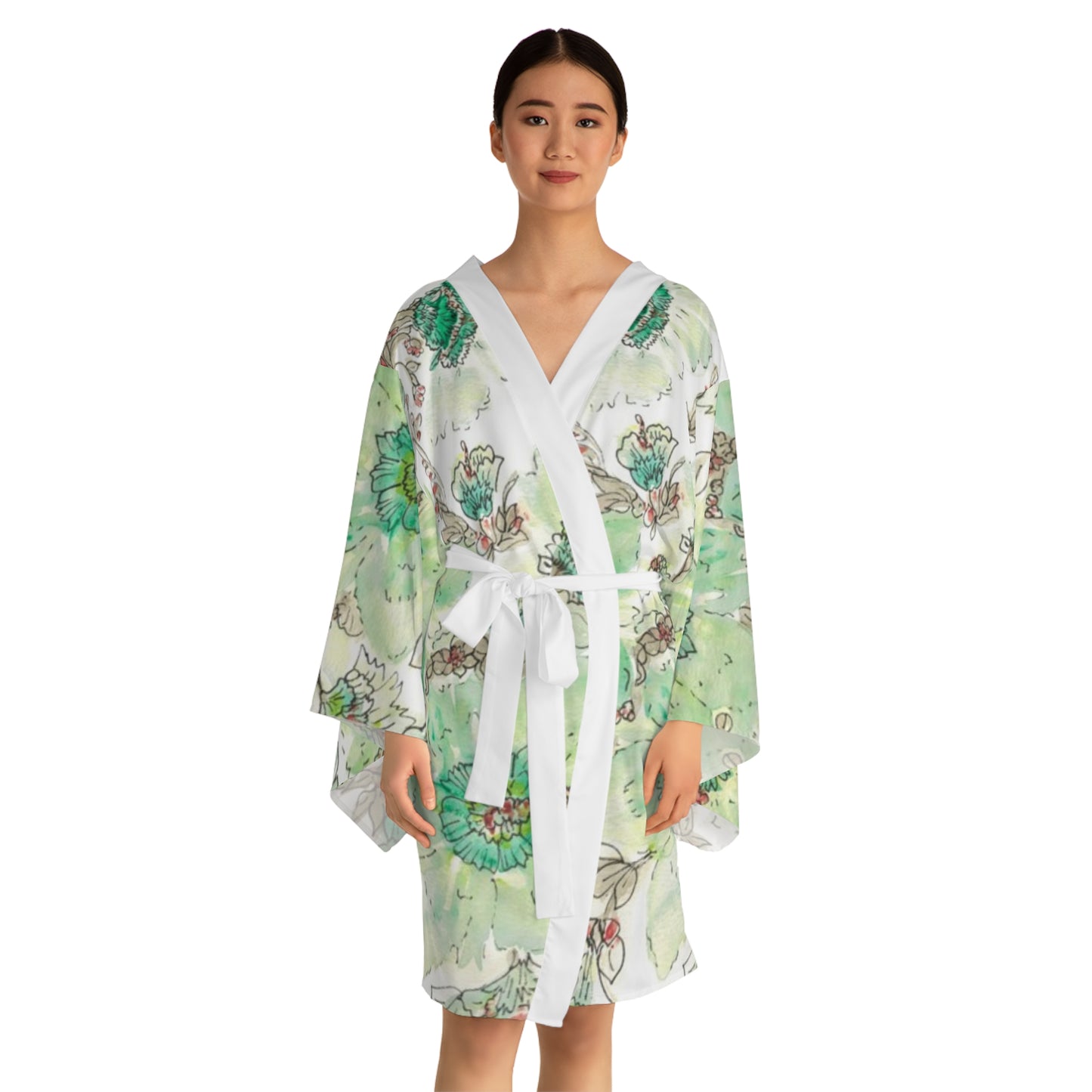 Floral Watercolor Kimono Robe – Green Peony All-Over Print