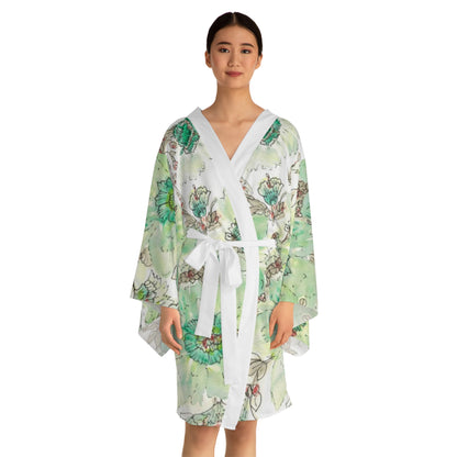Floral Watercolor Kimono Robe – Green Peony All-Over Print