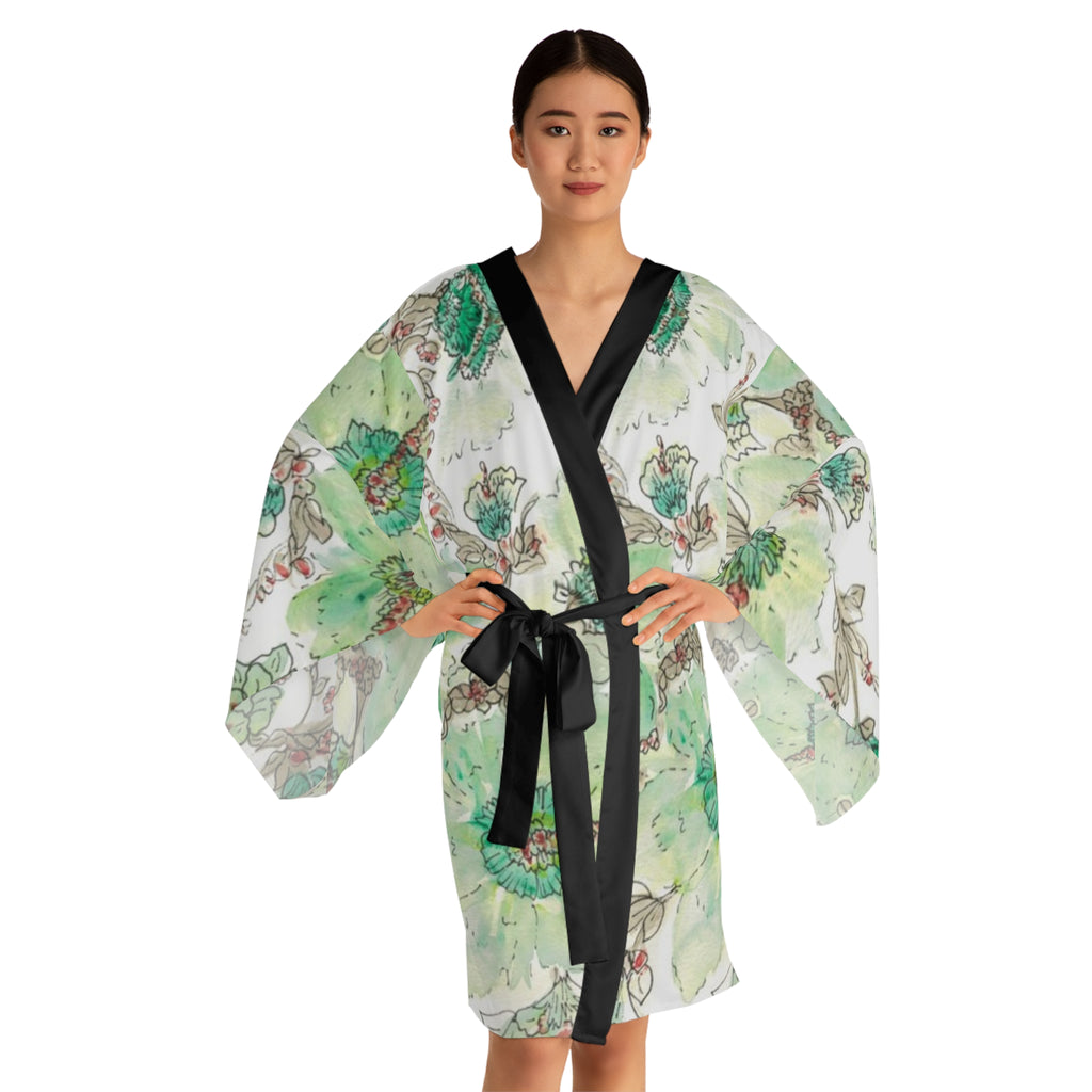 Floral Watercolor Kimono Robe – Green Peony All-Over Print
