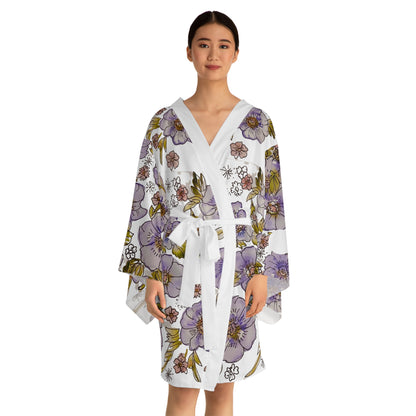 Floral Lavender Kimono Robe — Long Sleeve Floral Wrap