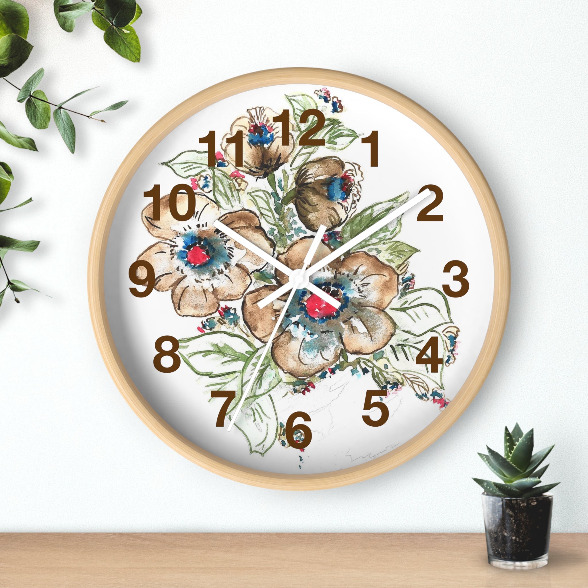 Floral Watercolor Wall Clock — Rustic Brown & Blue Flower Home Decor