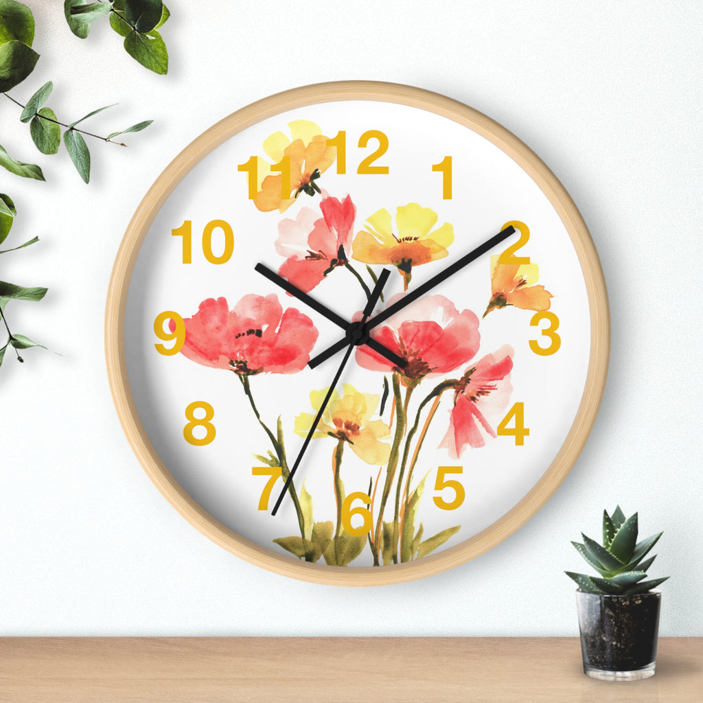Floral Watercolor Wall Clock — Pink & Yellow Poppies