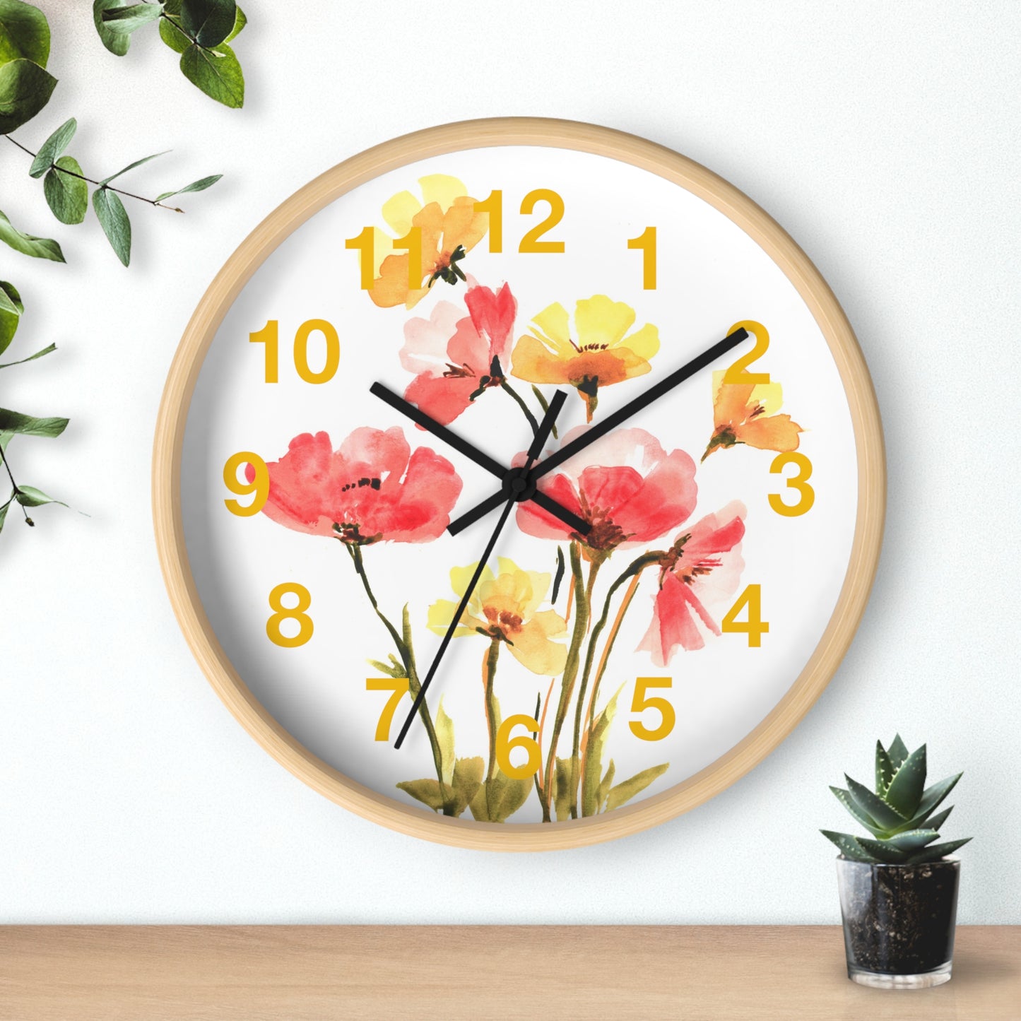 Floral Watercolor Wall Clock — Pink & Yellow Poppies
