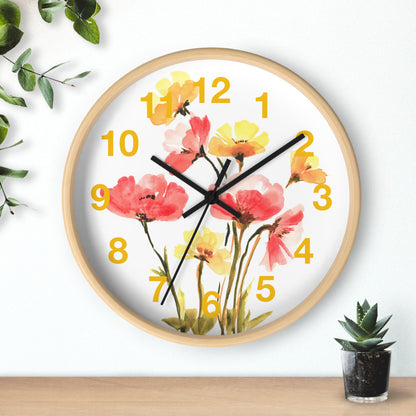 Floral Watercolor Wall Clock — Pink & Yellow Poppies