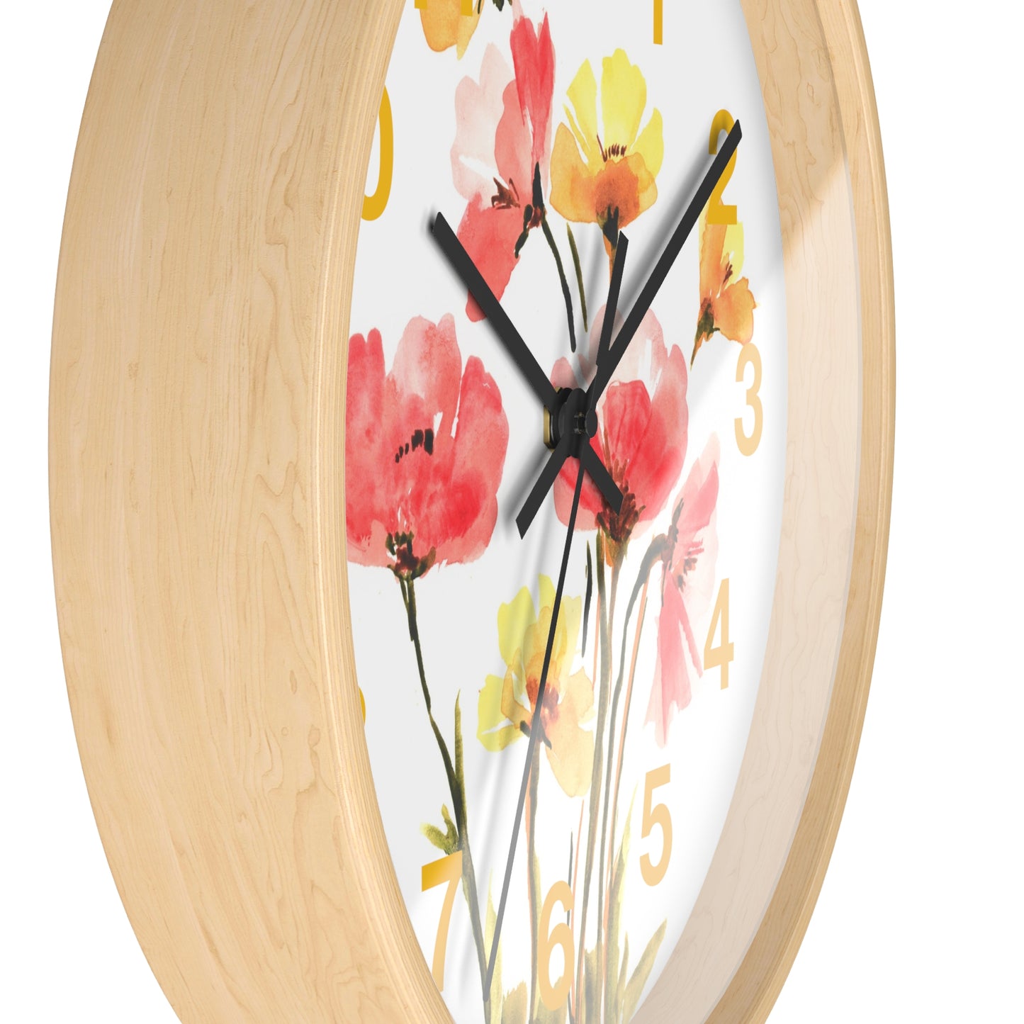 Floral Watercolor Wall Clock — Pink & Yellow Poppies