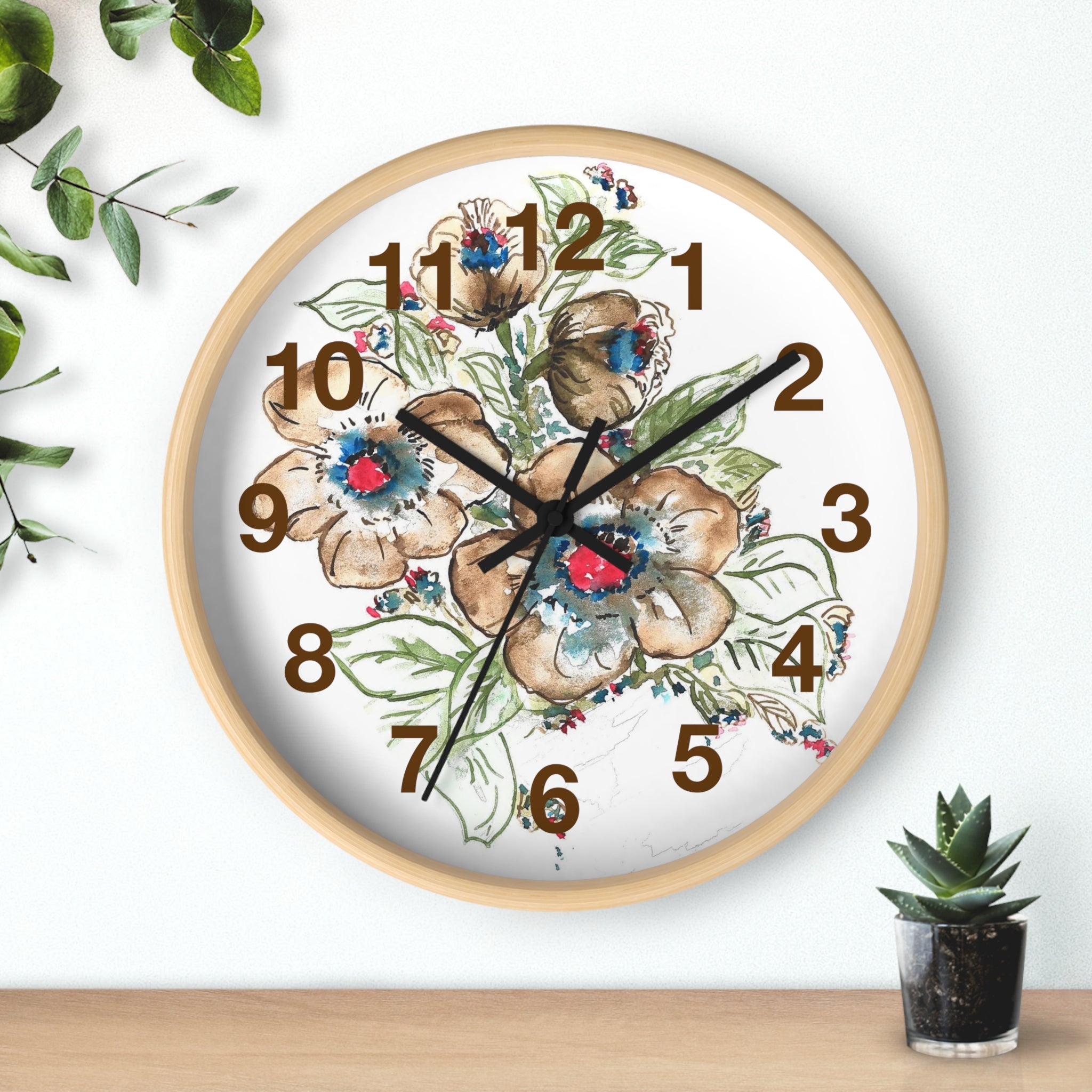 Floral Watercolor Wall Clock — Rustic Brown & Blue Flower Home Decor