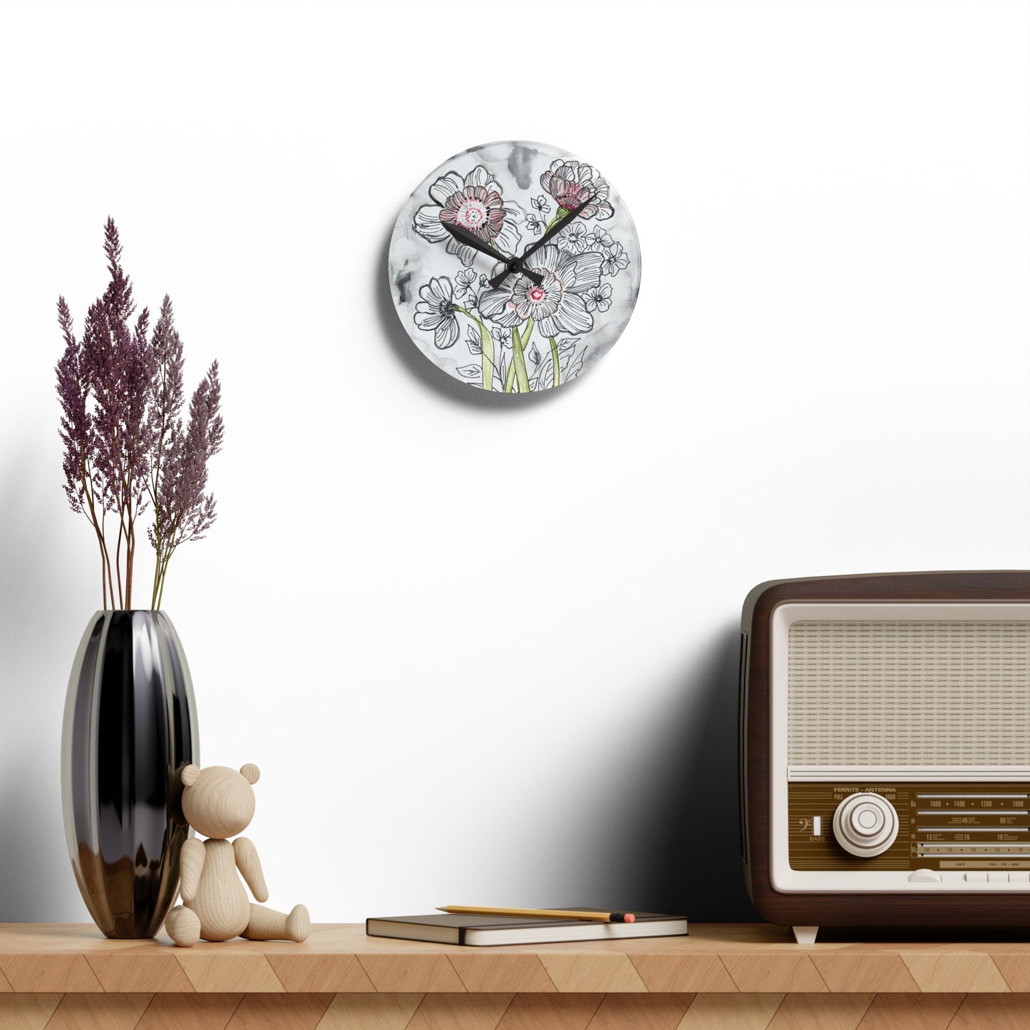 Floral Acrylic Wall Clock — Hand-Drawn Sketch Flowers on Marble Background