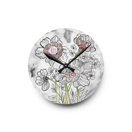 Floral Acrylic Wall Clock — Hand-Drawn Sketch Flowers on Marble Background