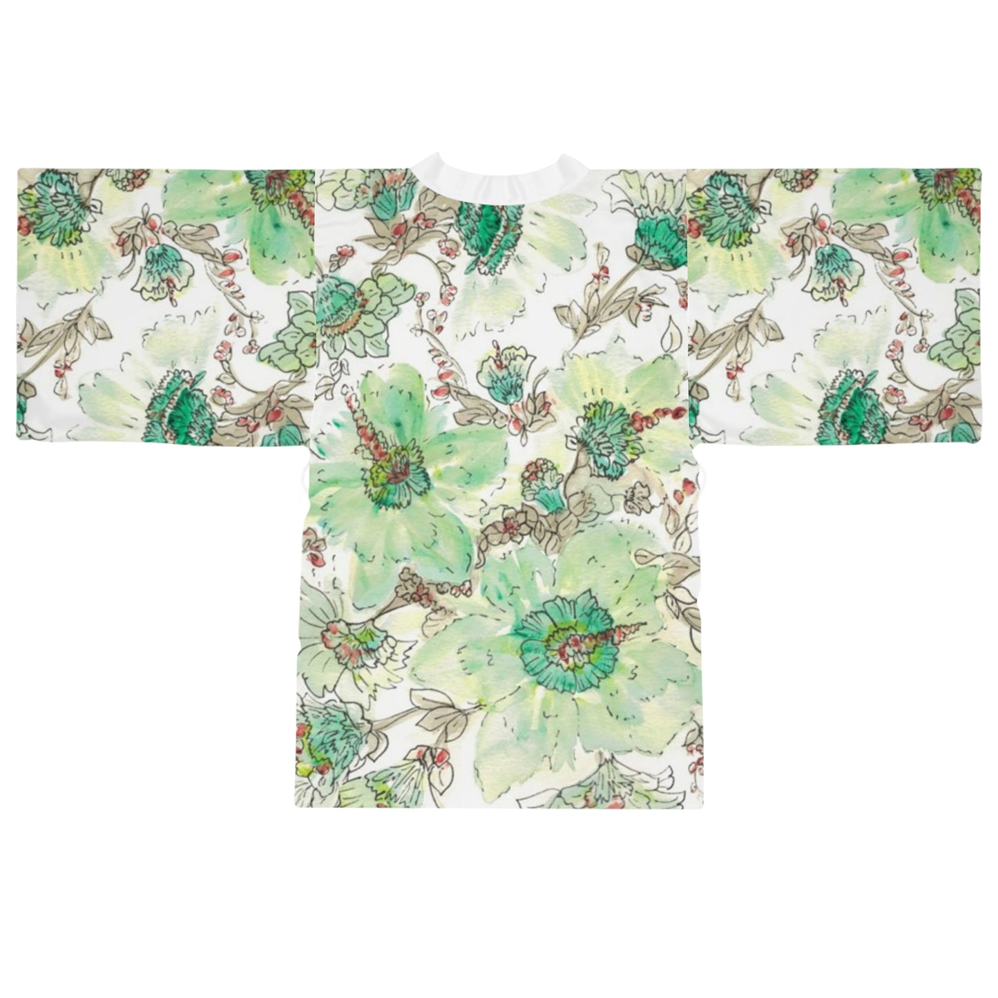 Floral Watercolor Kimono Robe – Green Peony All-Over Print
