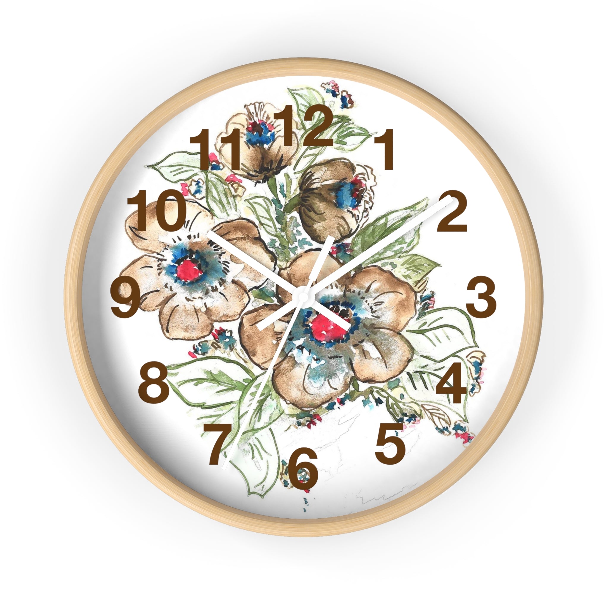 Floral Watercolor Wall Clock — Rustic Brown & Blue Flower Home Decor