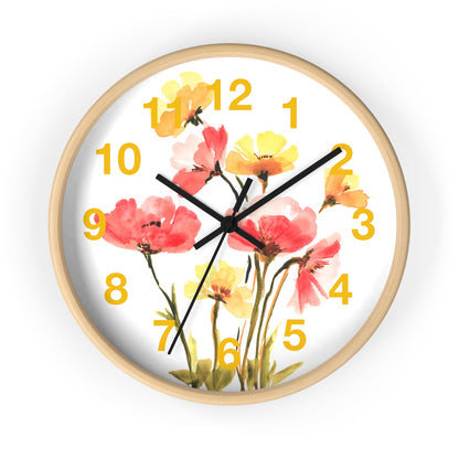 Floral Watercolor Wall Clock — Pink & Yellow Poppies