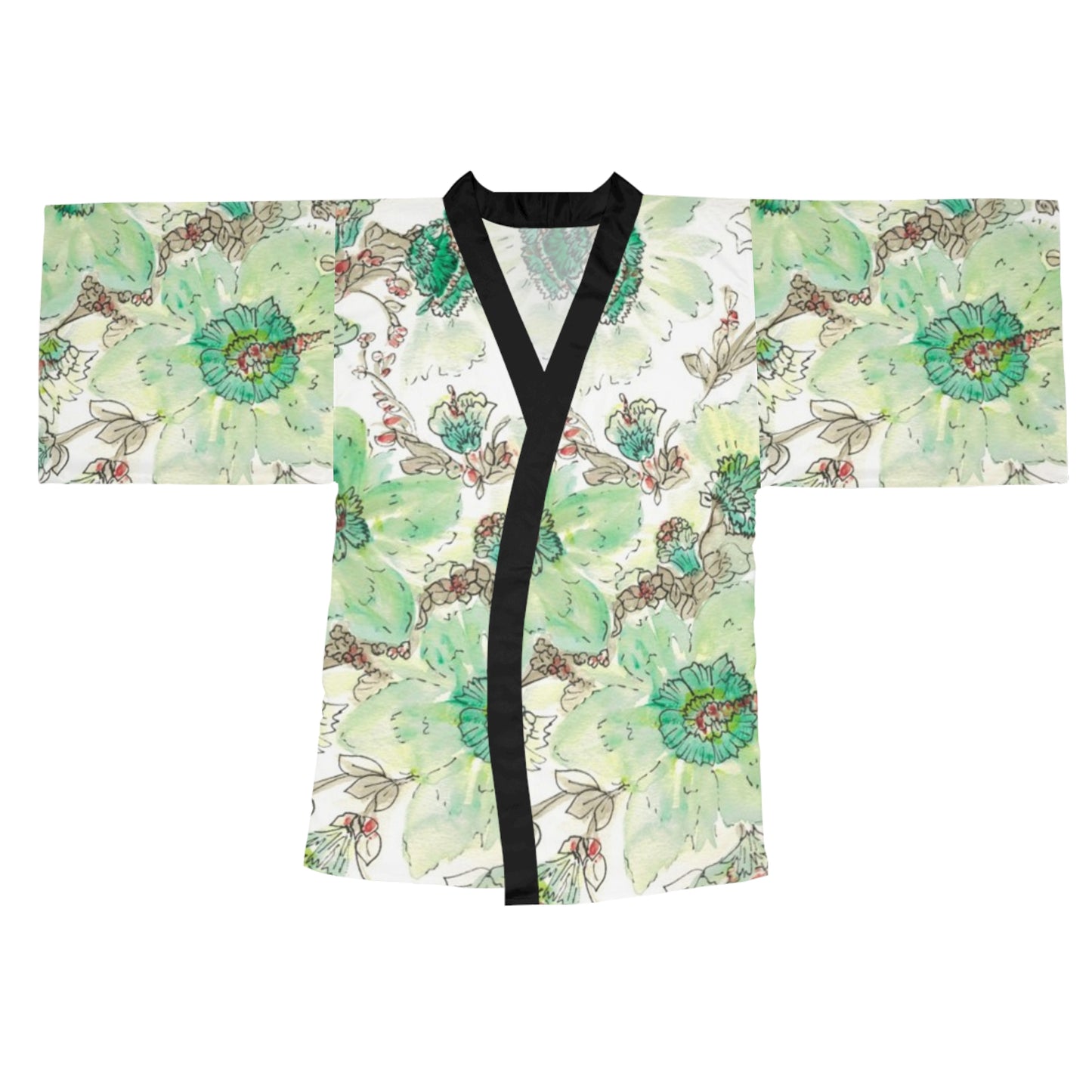 Floral Watercolor Kimono Robe – Green Peony All-Over Print