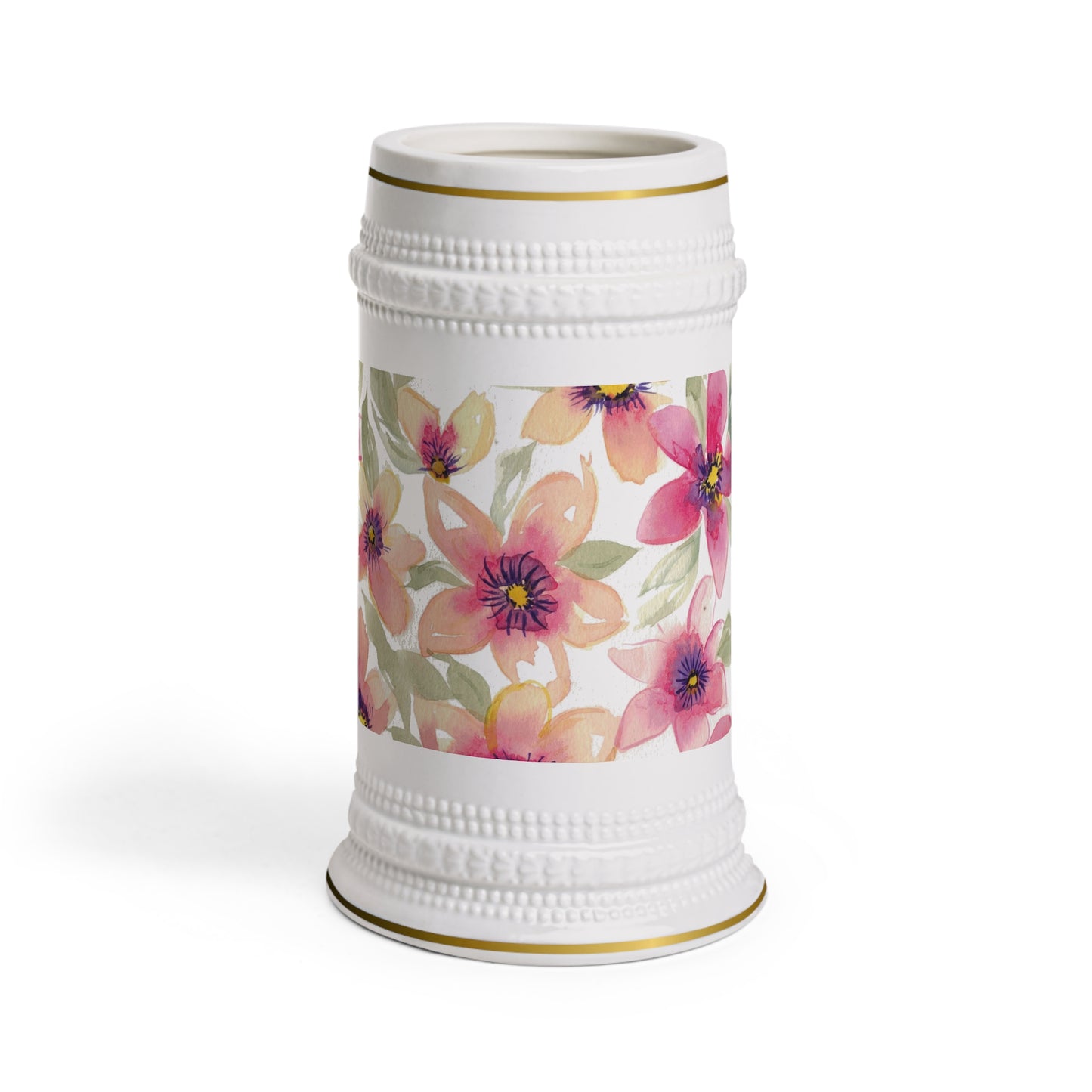 Floral Watercolor Stein Mug – Pink & Peach Blossom Beer Stein