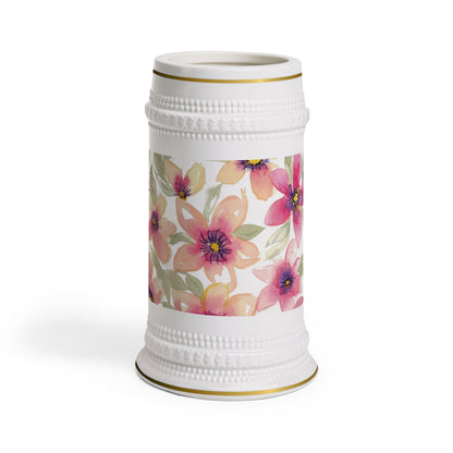 Floral Watercolor Stein Mug – Pink & Peach Blossom Beer Stein