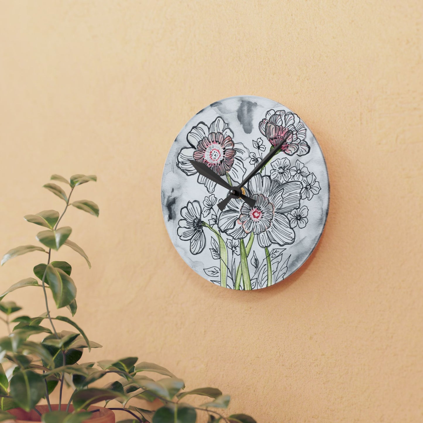 Floral Acrylic Wall Clock — Hand-Drawn Sketch Flowers on Marble Background