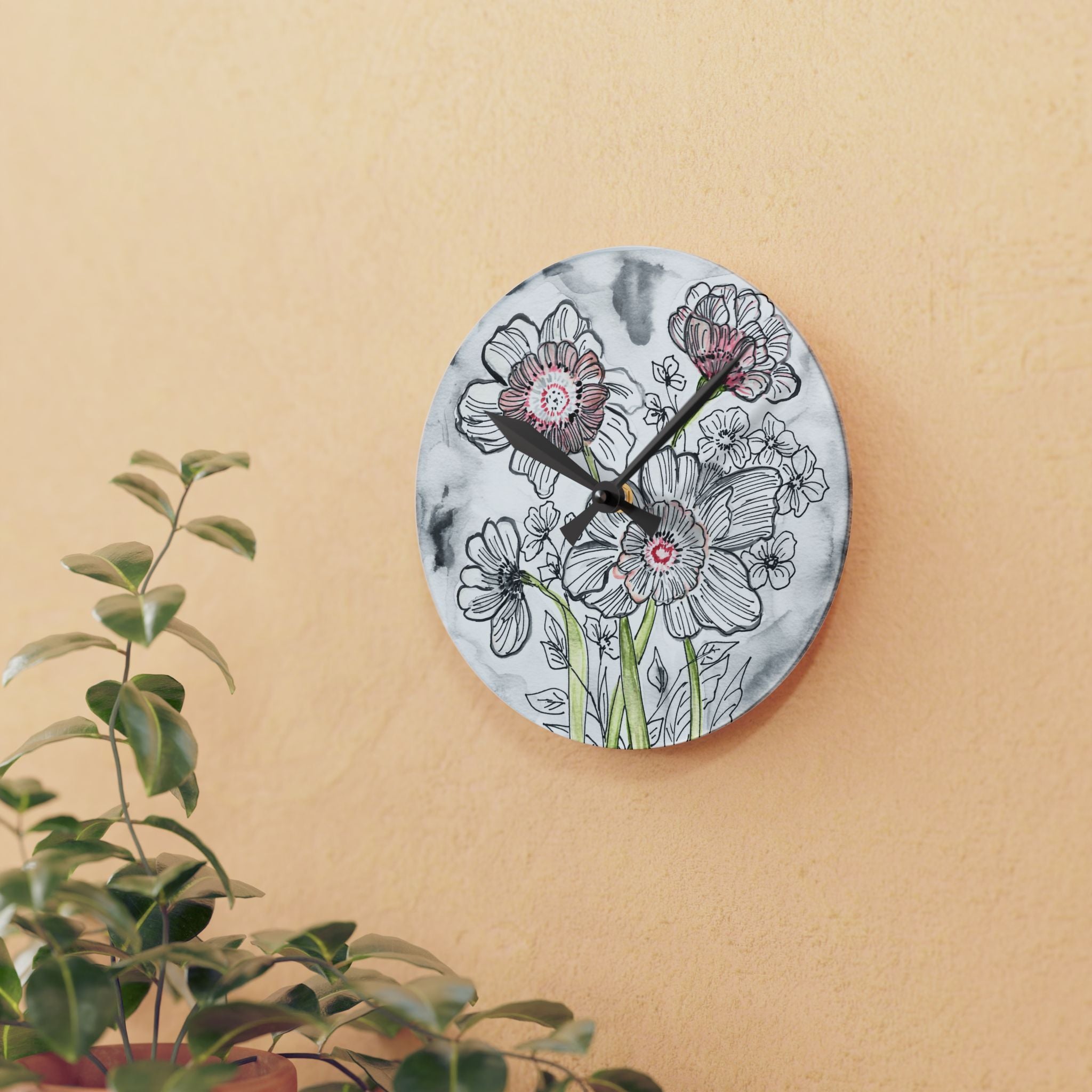 Floral Acrylic Wall Clock — Hand-Drawn Sketch Flowers on Marble Background
