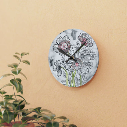 Floral Acrylic Wall Clock — Hand-Drawn Sketch Flowers on Marble Background