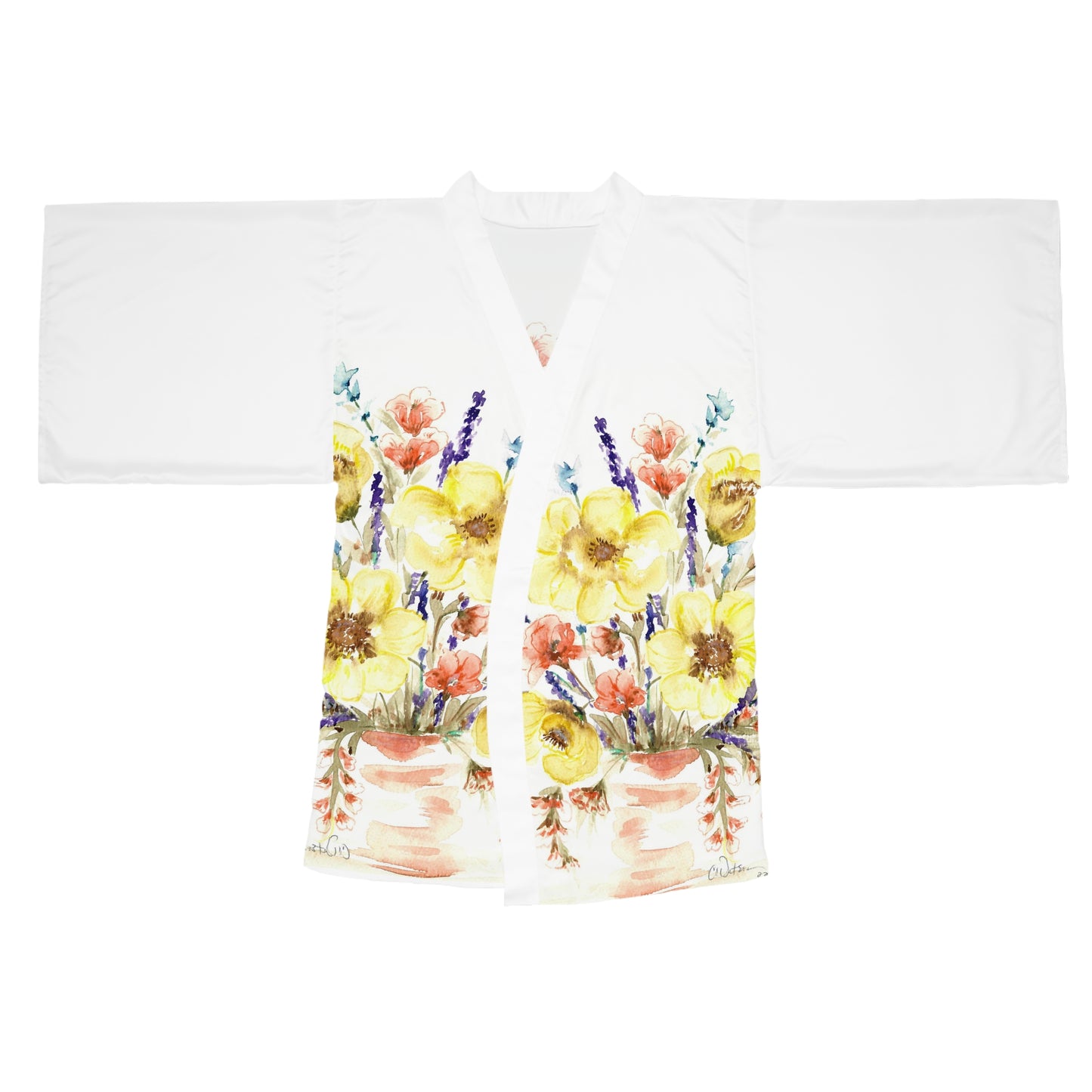 Floral Watercolor Kimono Robe – Yellow Poppy Bouquet Long Sleeve
