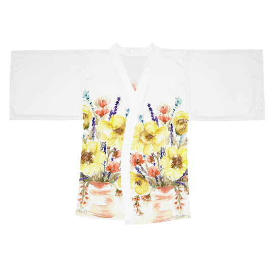 Floral Watercolor Kimono Robe – Yellow Poppy Bouquet Long Sleeve