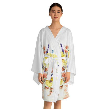 Floral Watercolor Kimono Robe – Yellow Poppy Bouquet Long Sleeve