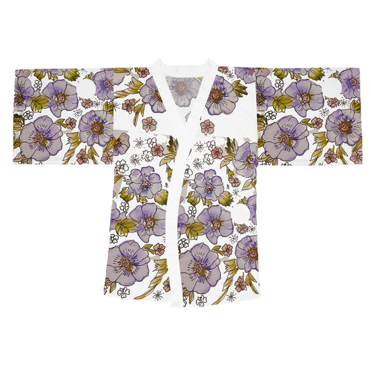 Floral Lavender Kimono Robe — Long Sleeve Floral Wrap