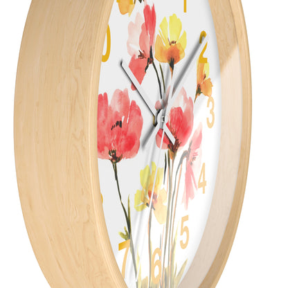 Floral Watercolor Wall Clock — Pink & Yellow Poppies