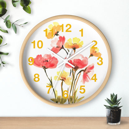 Floral Watercolor Wall Clock — Pink & Yellow Poppies