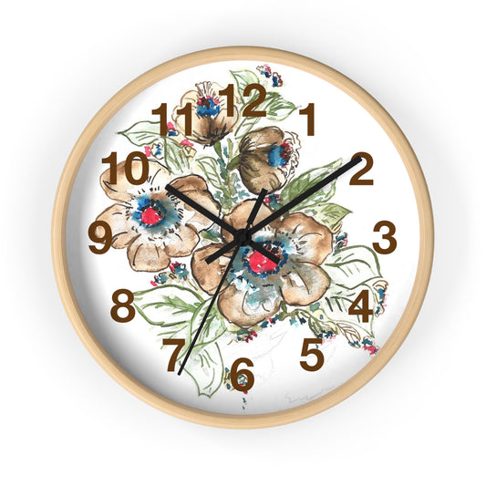 Floral Watercolor Wall Clock — Rustic Brown & Blue Flower Home Decor