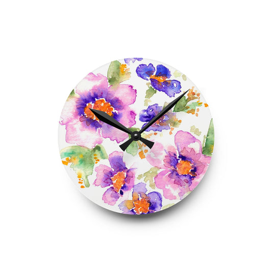 Floral Watercolor Acrylic Wall Clock – Purple & Pink Bloom Home Décor