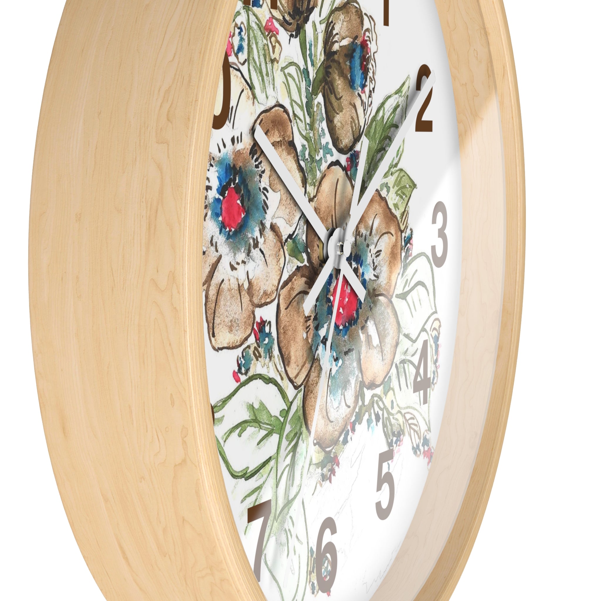 Floral Watercolor Wall Clock — Rustic Brown & Blue Flower Home Decor